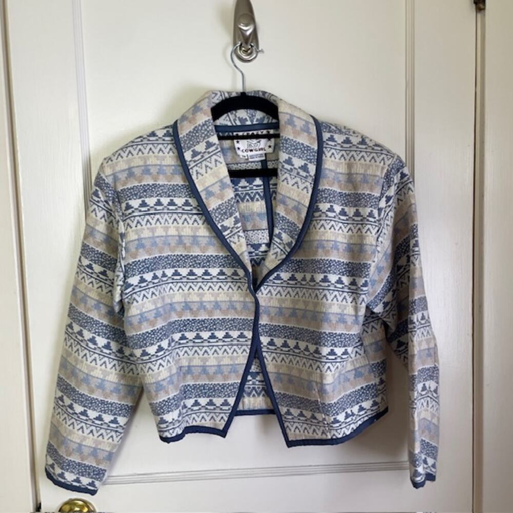 Crazy Cowgirl Southwestern Cropped Jacket M Blue Tan Western Aztec Boho Coastal